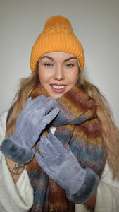 Luxury Hat Scarf And Glove Set in Mustard, Grey and Brown