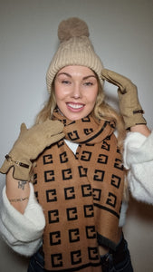 Luxury Hat Scarf And Glove Set in Beige and Brown