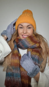 Luxury Hat Scarf And Glove Set in Mustard, Grey and Brown