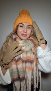 Luxury Hat Scarf And Glove Set in Mustard, Beige and Brown