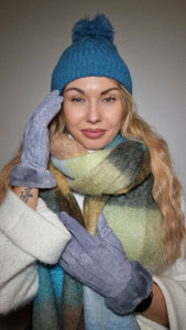 Luxury Hat Scarf And Glove Set in Blue, Green and Grey