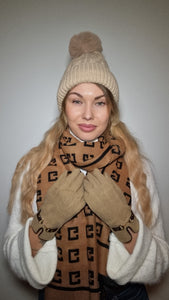 Luxury Hat Scarf And Glove Set in Beige and Brown