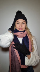 Luxury Hat Scarf And Glove Set in Black and Pink