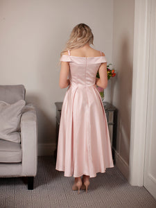 Off shoulders bridesmaids dress pink
