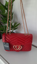 Load image into Gallery viewer, red clutch bag with gold chain
