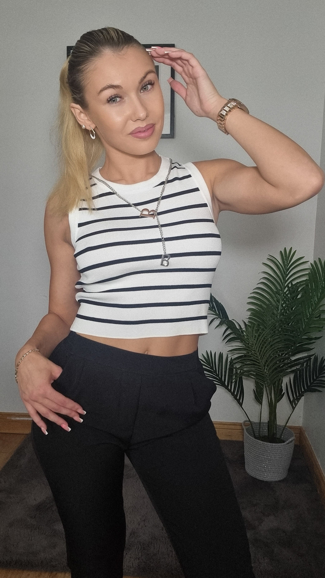black and white striped top