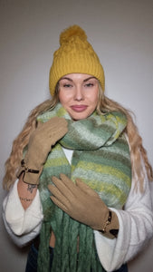 Luxury Hat Scarf And Glove Set in Green, Mustard and Beige
