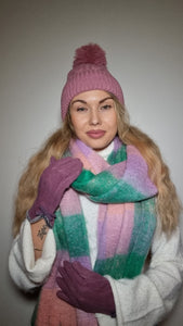 Luxury Hat Scarf And Glove Set in Purple, Pink and Green