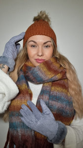 Luxury Hat Scarf And Glove Set in Brown and Grey