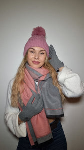 Luxury Hat Scarf And Glove Set in Grey and Purple