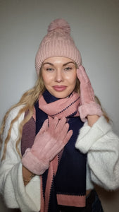 Luxury Hat Scarf And Glove Set in Pink and Black