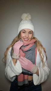 Luxury Hat Scarf And Glove Set in Grey, Baby Pink and White