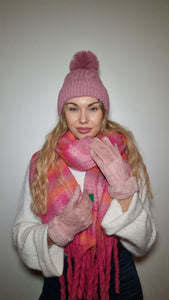 Luxury Hat Scarf And Glove Set in Pink and Purple