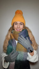 Load image into Gallery viewer, Luxury Hat Scarf And Glove Set in Mustard, Blue and Brown
