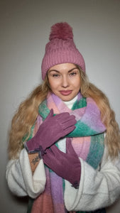 Luxury Hat Scarf And Glove Set in Purple, Pink and Green