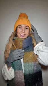 Luxury Hat Scarf And Glove Set in Mustard, Blue and Brown