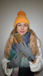 Luxury Hat Scarf And Glove Set in Mustard, Blue and Brown