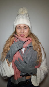 Luxury Hat Scarf And Glove Set in Grey, Pink and White