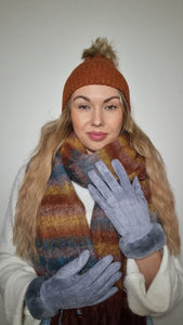 Luxury Hat Scarf And Glove Set in Brown and Grey