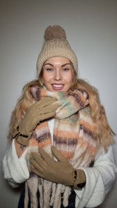 Luxury Hat Scarf And Glove Set in Beige, Orange and Brown