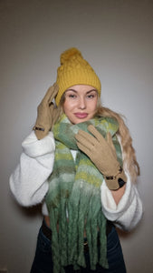 Luxury Hat Scarf And Glove Set in Green, Mustard and Beige