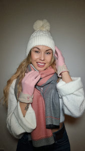 Luxury Hat Scarf And Glove Set in Grey, Baby Pink and White