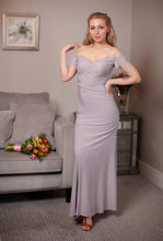 Load image into Gallery viewer, Grey off shoulder bridesmaids dress
