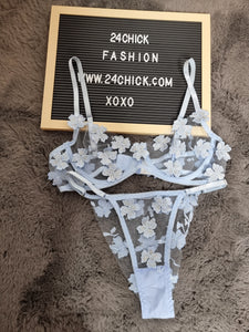 floral blue mesh 2 piece lingerie set