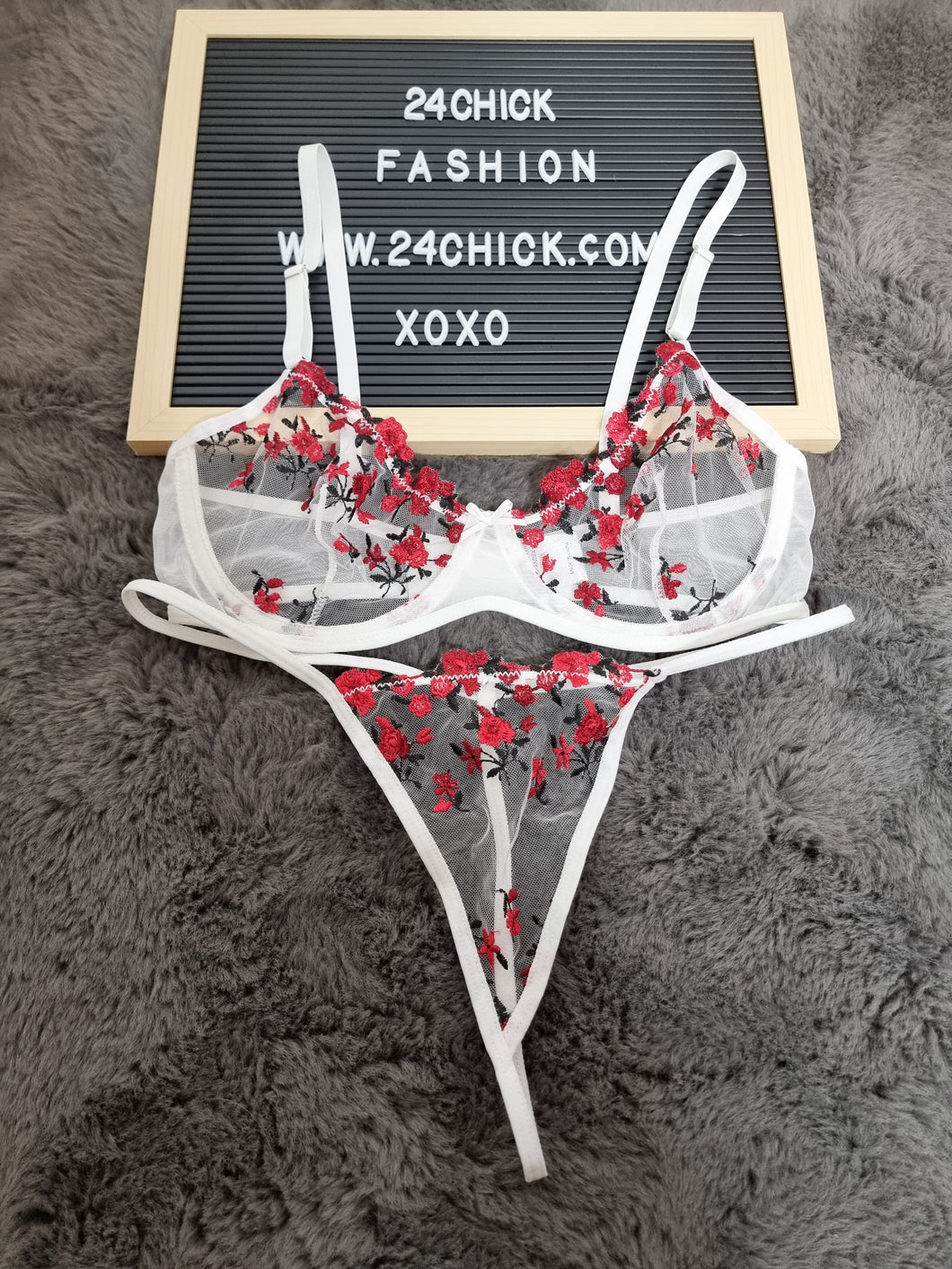 Red Floral Embroidered Wired Lingerie Set